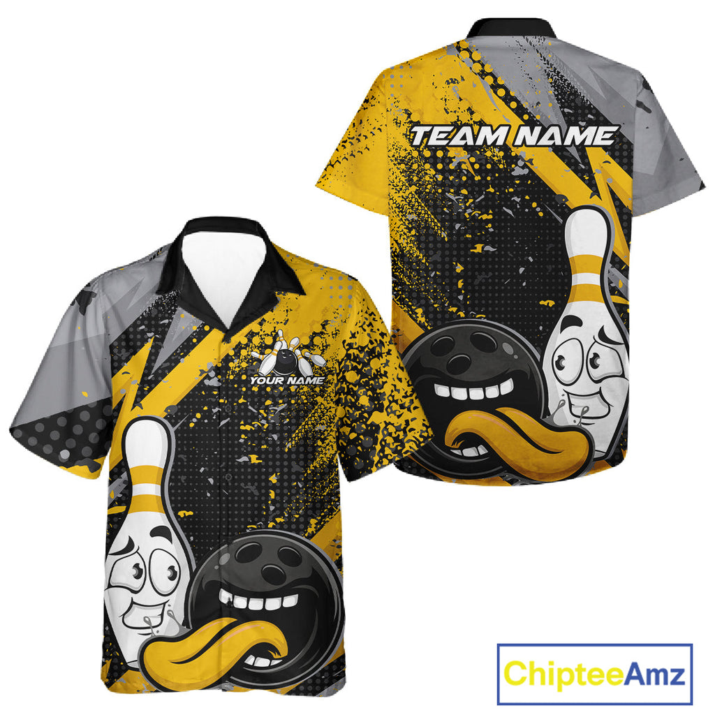 Custom Funny Bowling And Button Up Shirt, Yellow Bowling Ball And Pin Bowling Jersey