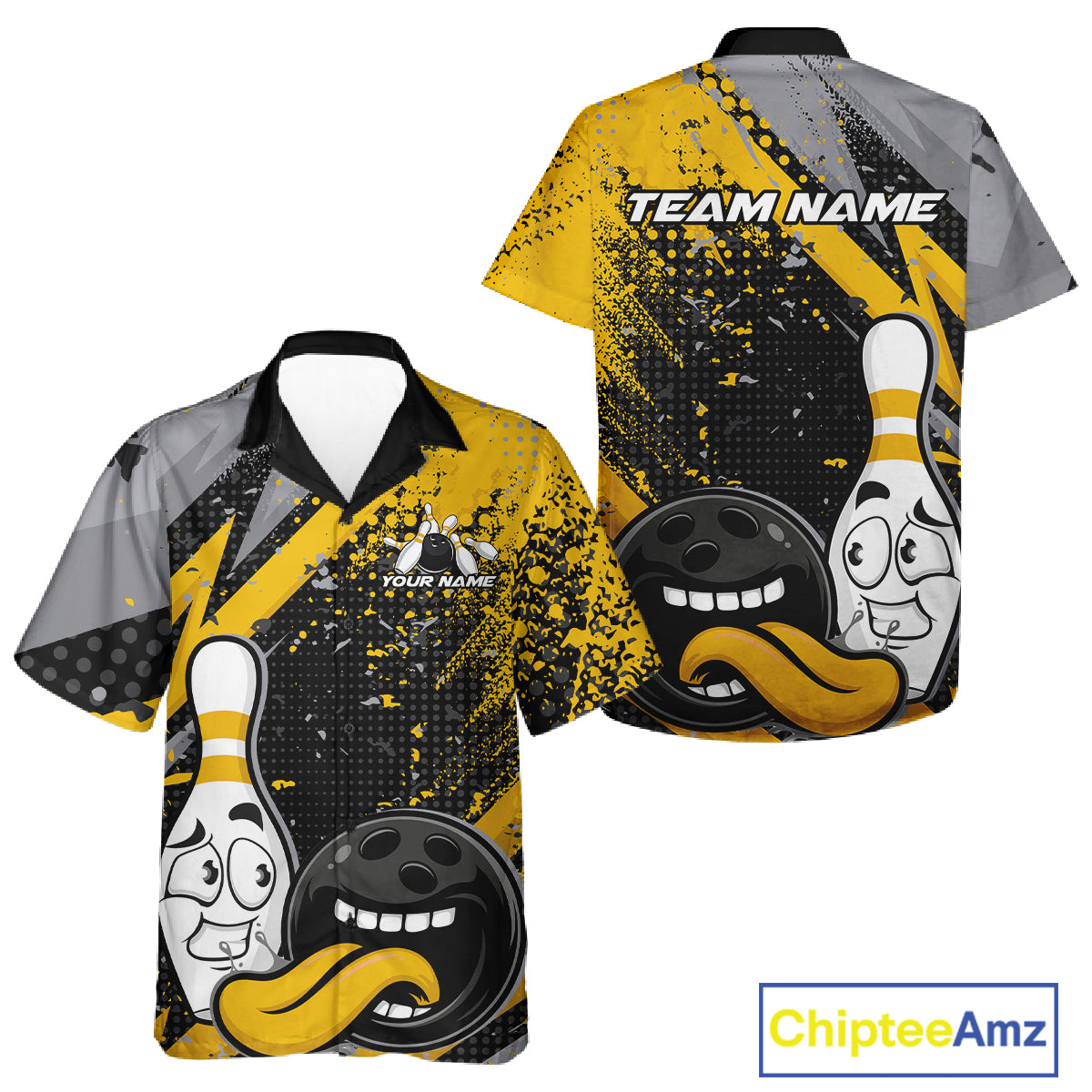 Custom Funny Bowling And Button Up Shirt, Yellow Bowling Ball And Pin Bowling Jersey