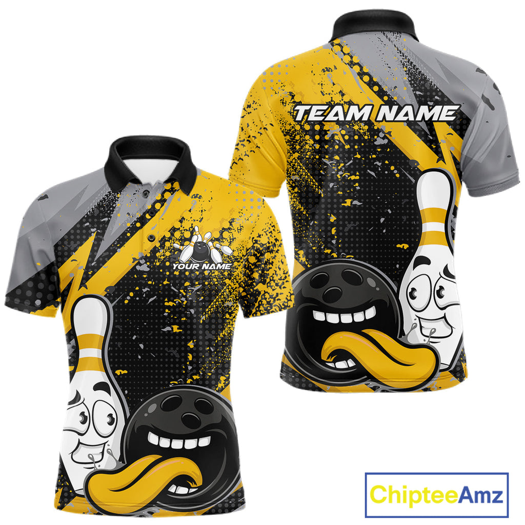 Custom Funny Bowling Polo Shirt, Yellow Bowling Ball And Pin Bowling Jersey