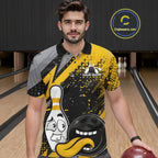 Custom Funny Bowling Polo Shirt, Yellow Bowling Ball And Pin Bowling Jersey