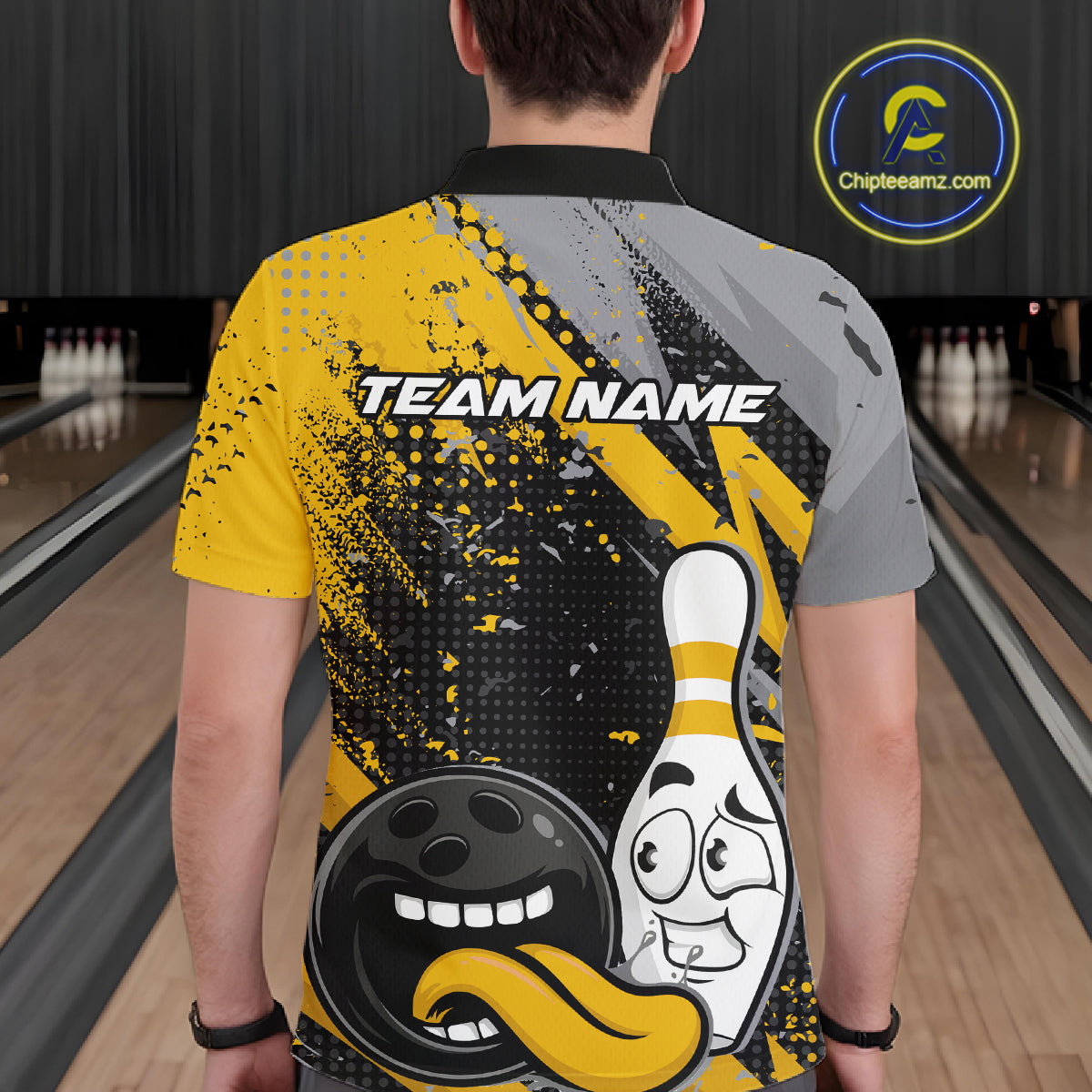 Custom Funny Bowling Polo Shirt, Yellow Bowling Ball And Pin Bowling Jersey