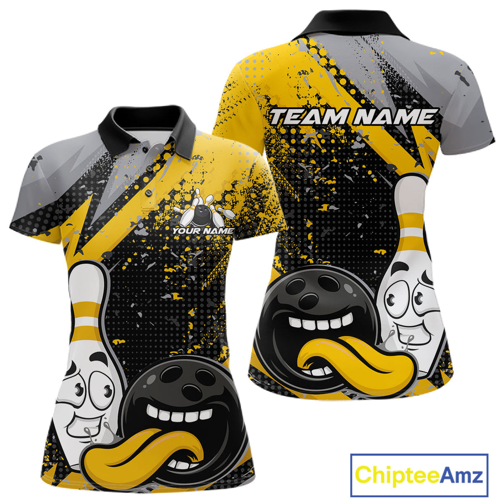 Custom Funny Bowling Polo Shirt, Yellow Bowling Ball And Pin Bowling Jersey