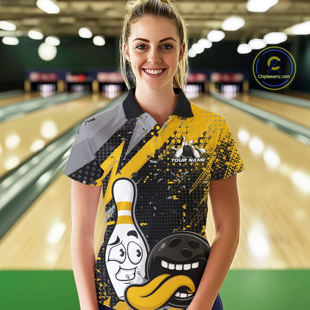 Custom Funny Bowling Polo Shirt, Yellow Bowling Ball And Pin Bowling Jersey