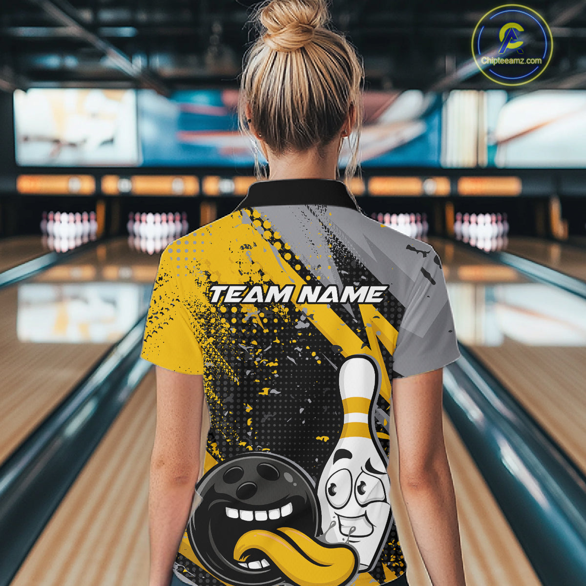 Custom Funny Bowling Polo Shirt, Yellow Bowling Ball And Pin Bowling Jersey