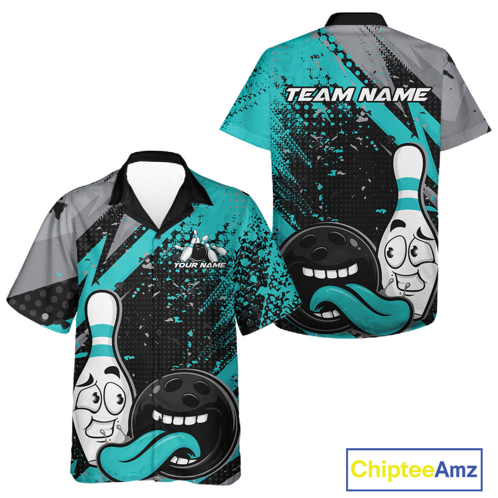 Custom Funny Bowling And Button Up Shirt, Turquoise Bowling Ball And Pin Bowling Jersey