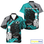 Custom Funny Bowling And Button Up Shirt, Turquoise Bowling Ball And Pin Bowling Jersey