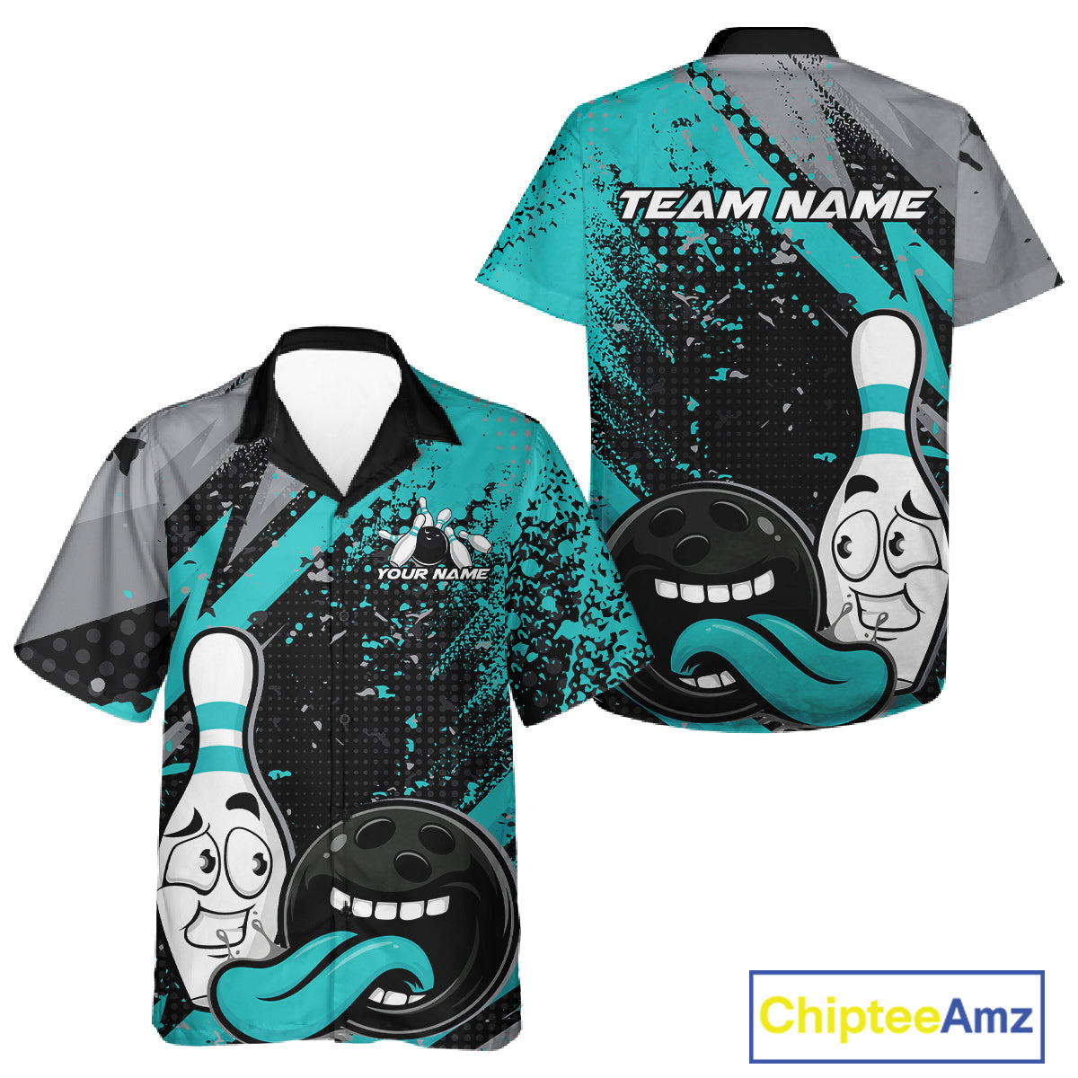 Custom Funny Bowling And Button Up Shirt, Turquoise Bowling Ball And Pin Bowling Jersey