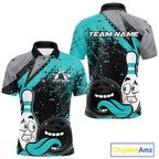 Custom Funny Bowling Polo Shirt, Turquoise Bowling Ball And Pin Bowling Jersey