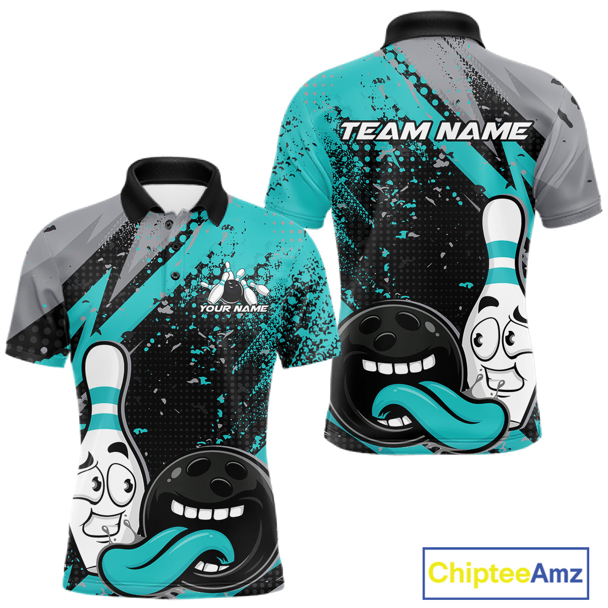 Custom Funny Bowling Polo Shirt, Turquoise Bowling Ball And Pin Bowling Jersey