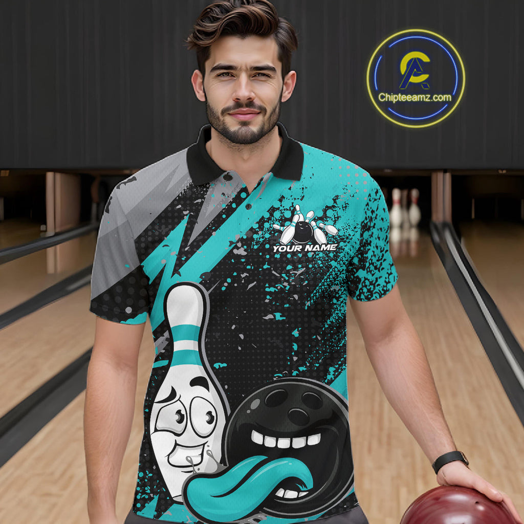Custom Funny Bowling Polo Shirt, Turquoise Bowling Ball And Pin Bowling Jersey