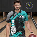 Custom Funny Bowling Polo Shirt, Turquoise Bowling Ball And Pin Bowling Jersey
