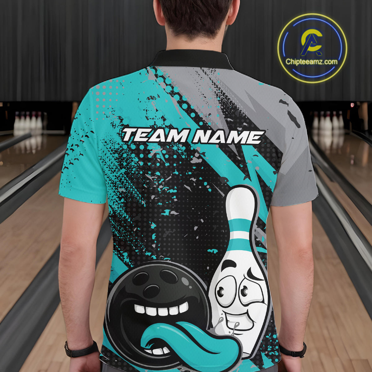 Custom Funny Bowling Polo Shirt, Turquoise Bowling Ball And Pin Bowling Jersey