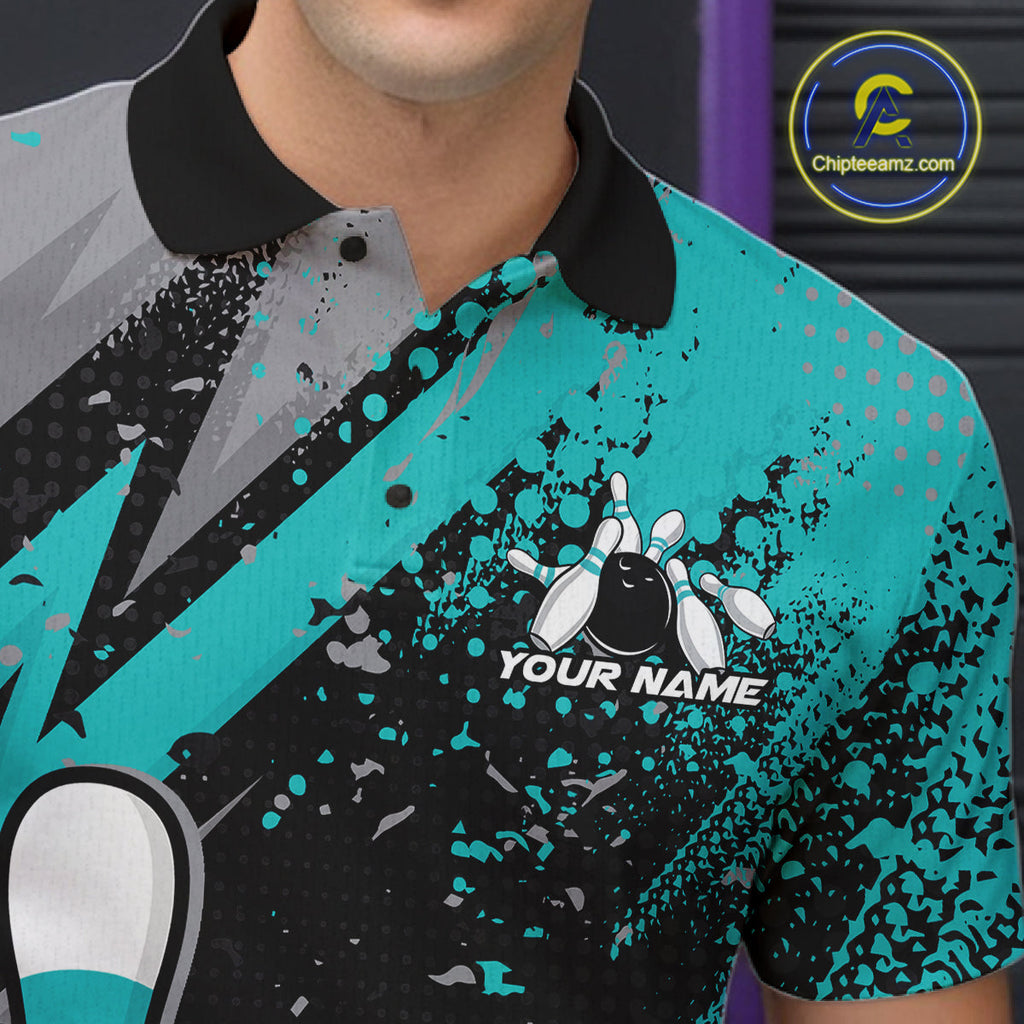 Custom Funny Bowling Polo Shirt, Turquoise Bowling Ball And Pin Bowling Jersey