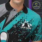 Custom Funny Bowling Polo Shirt, Turquoise Bowling Ball And Pin Bowling Jersey