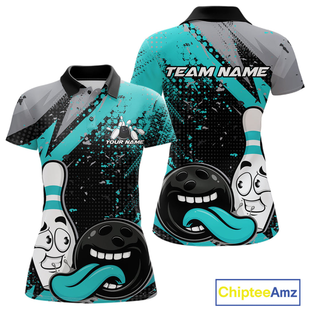 Custom Funny Bowling Polo Shirt, Turquoise Bowling Ball And Pin Bowling Jersey