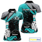 Custom Funny Bowling Polo Shirt, Turquoise Bowling Ball And Pin Bowling Jersey
