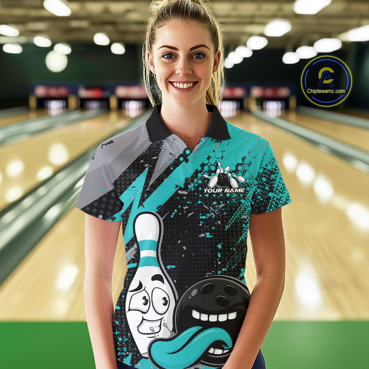 Custom Funny Bowling Polo Shirt, Turquoise Bowling Ball And Pin Bowling Jersey