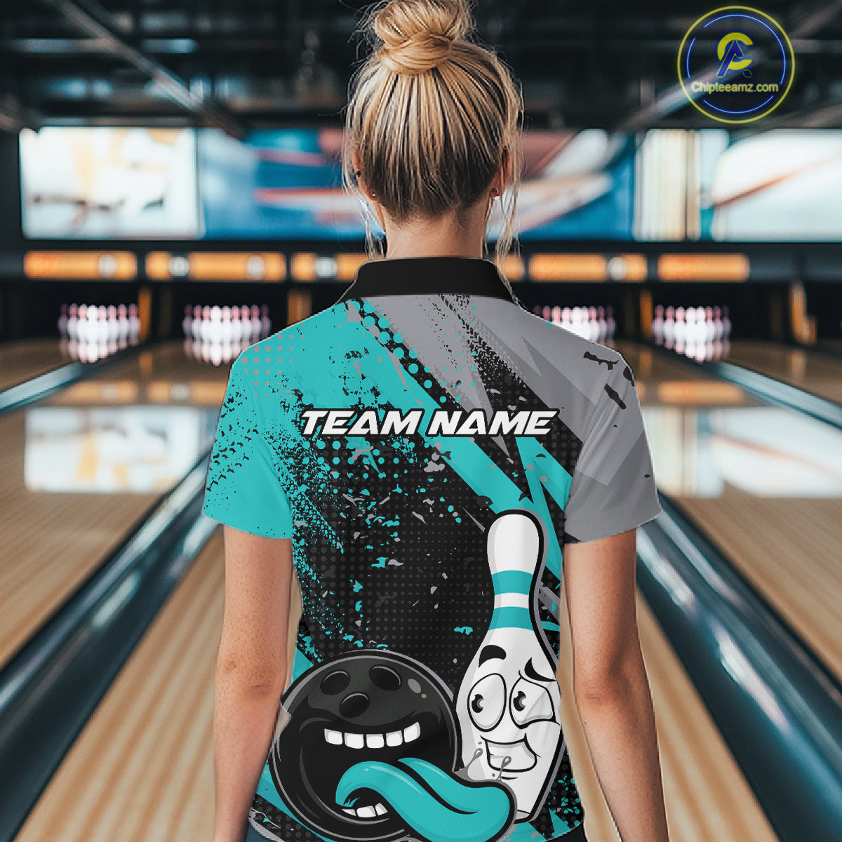 Custom Funny Bowling Polo Shirt, Turquoise Bowling Ball And Pin Bowling Jersey