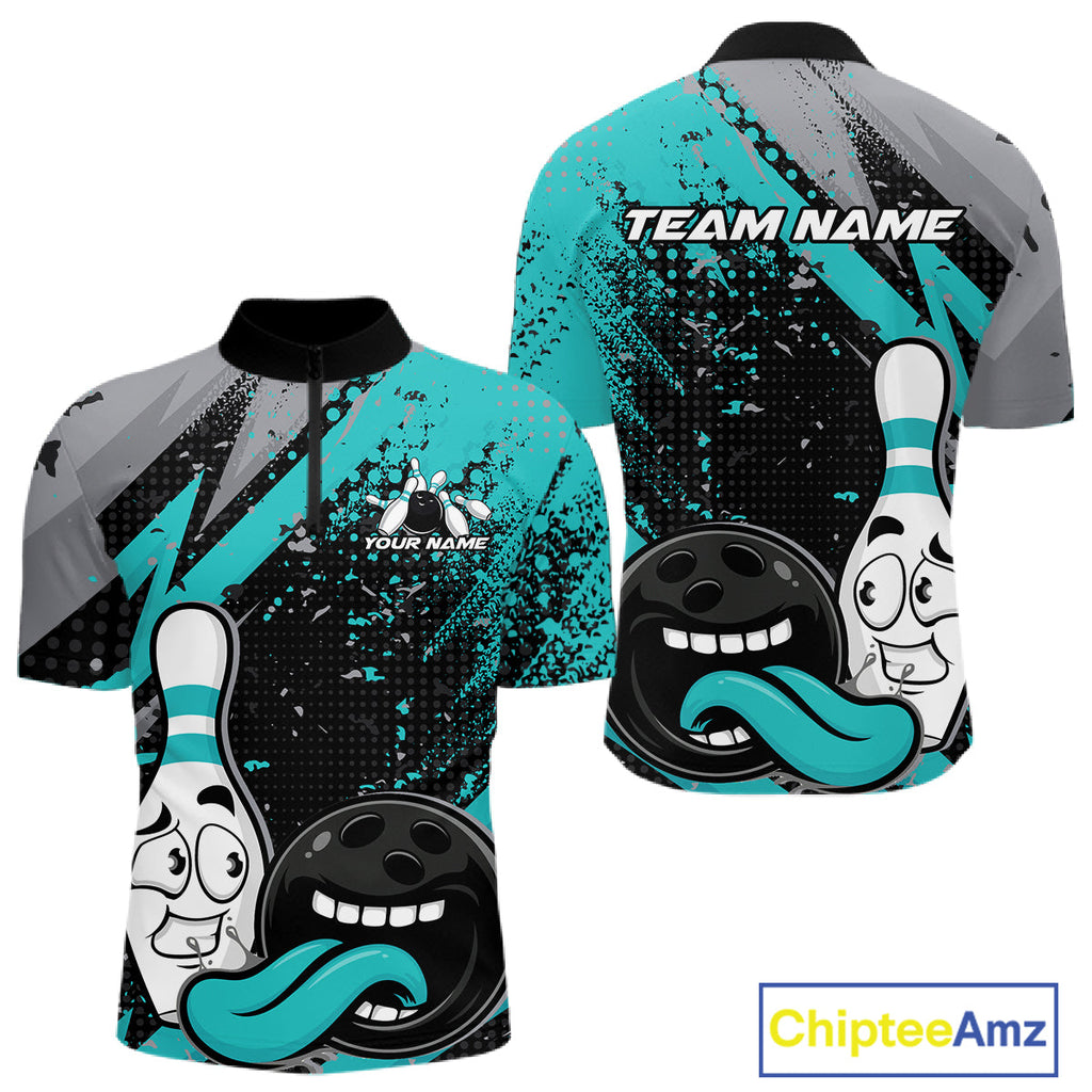 Custom Funny Bowling Quarter Zip Shirt, Turquoise Bowling Ball And Pin Bowling Jersey