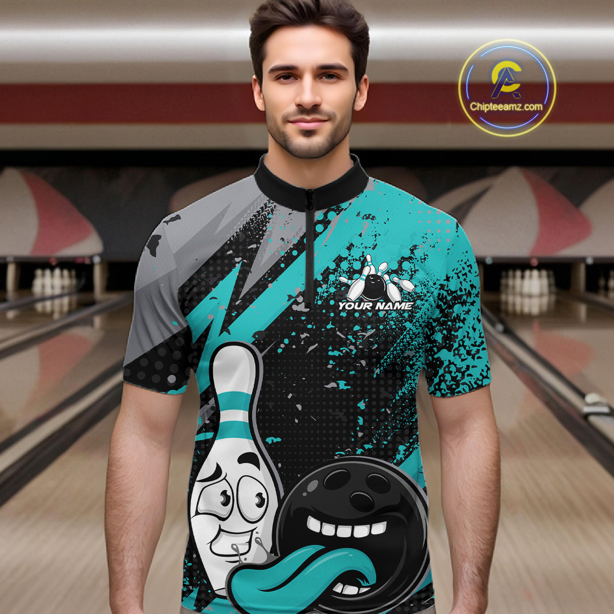 Custom Funny Bowling Quarter Zip Shirt, Turquoise Bowling Ball And Pin Bowling Jersey