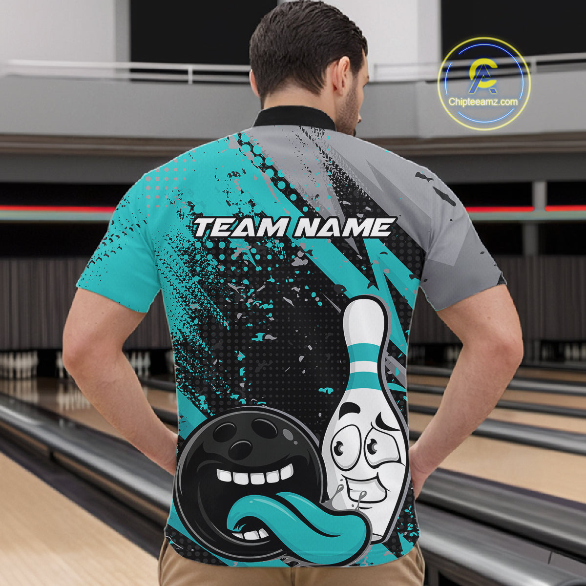 Custom Funny Bowling Quarter Zip Shirt, Turquoise Bowling Ball And Pin Bowling Jersey