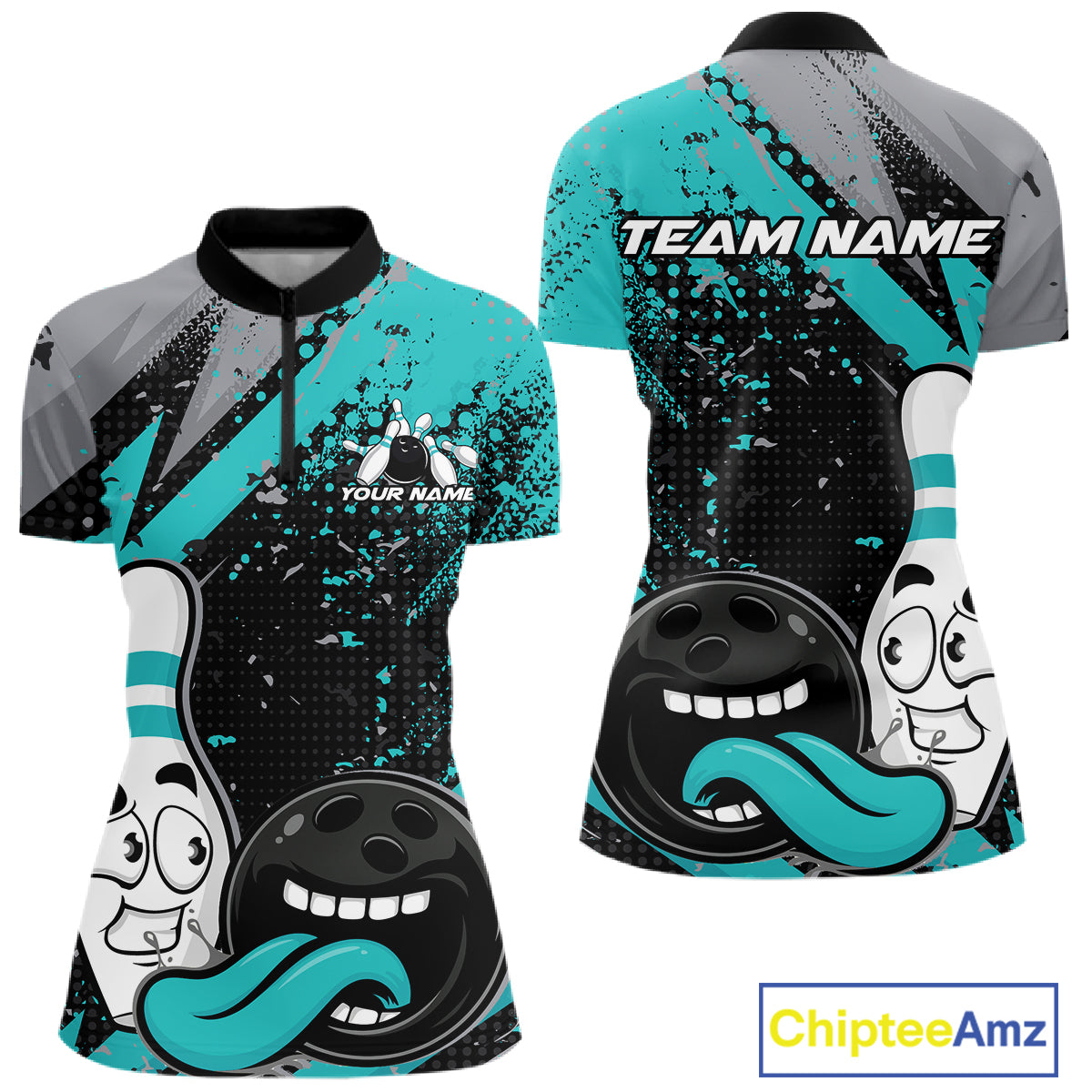 Custom Funny Bowling Quarter-Zip Shirt, Turquoise Bowling Ball And Pin Jersey