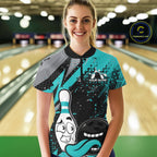 Custom Funny Bowling Quarter-Zip Shirt, Turquoise Bowling Ball And Pin Jersey