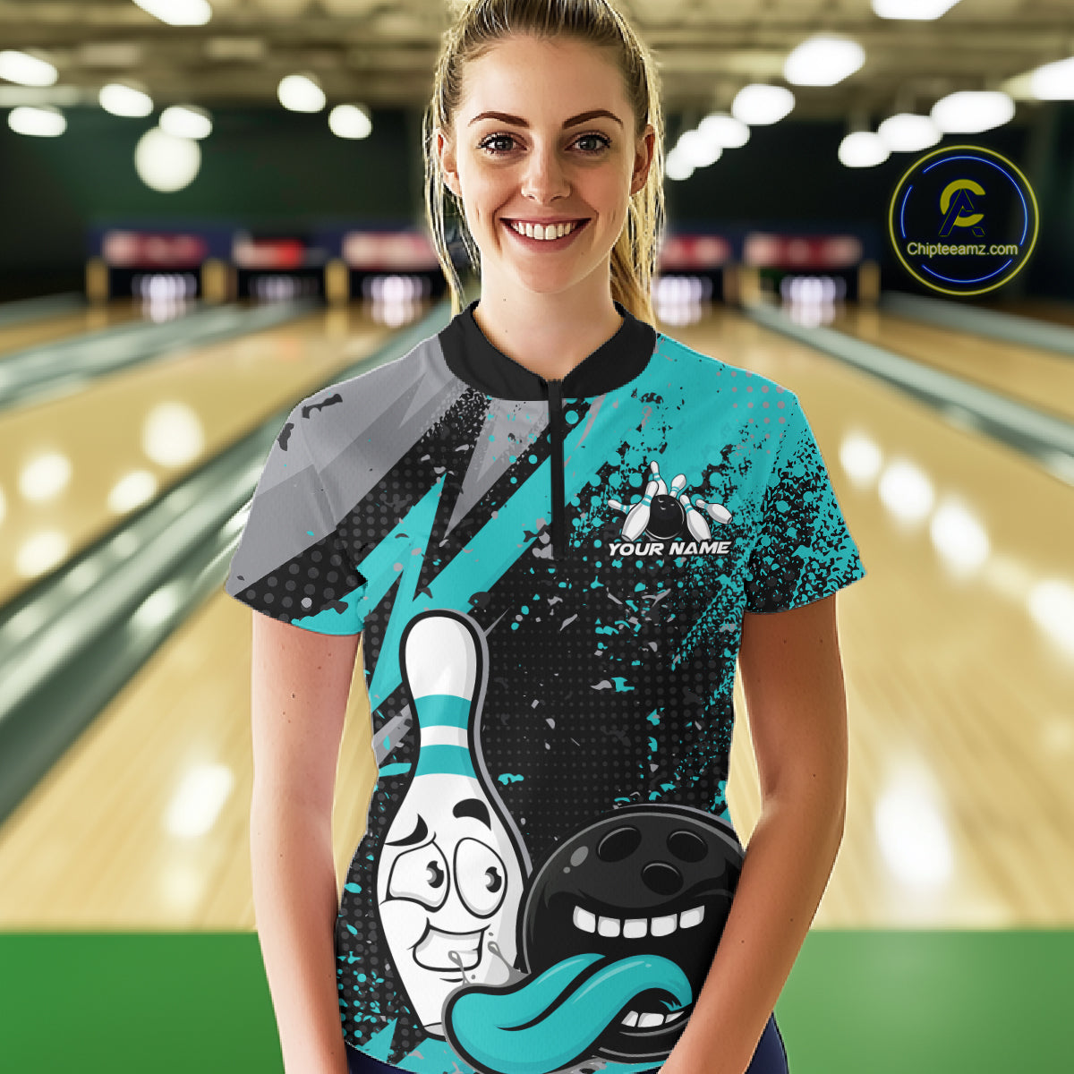 Custom Funny Bowling Quarter-Zip Shirt, Turquoise Bowling Ball And Pin Jersey