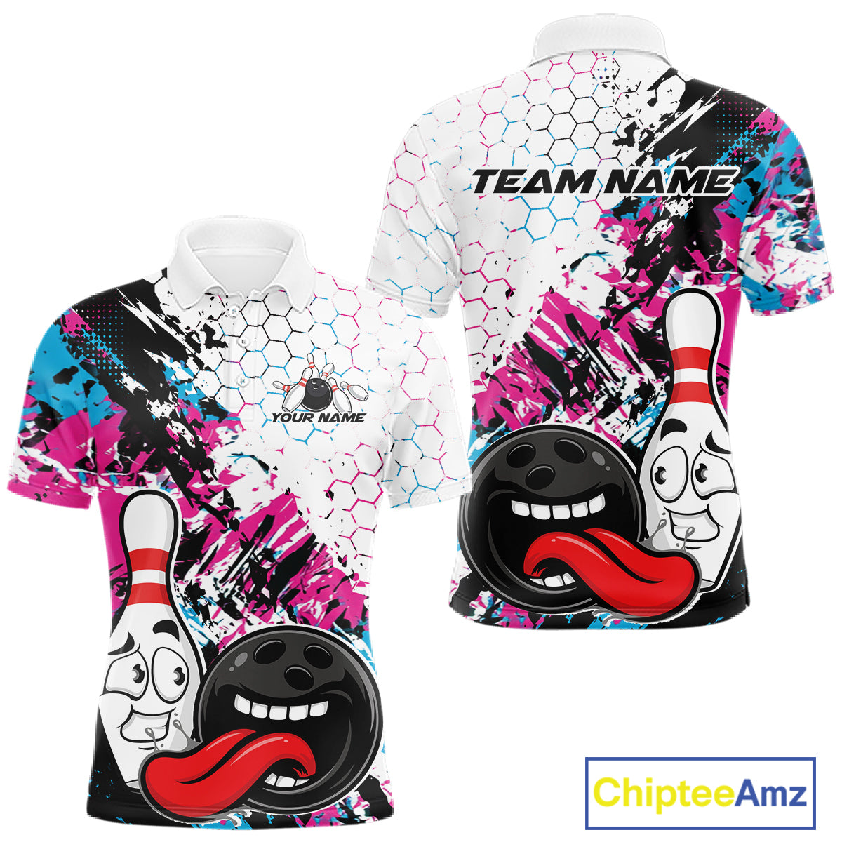 Custom Blue And Pink Funny Bowling Team Polo Shirt, Bowling Jersey Bowler Gift