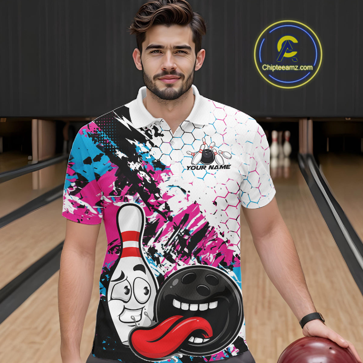 Custom Blue And Pink Funny Bowling Team Polo Shirt, Bowling Jersey Bowler Gift