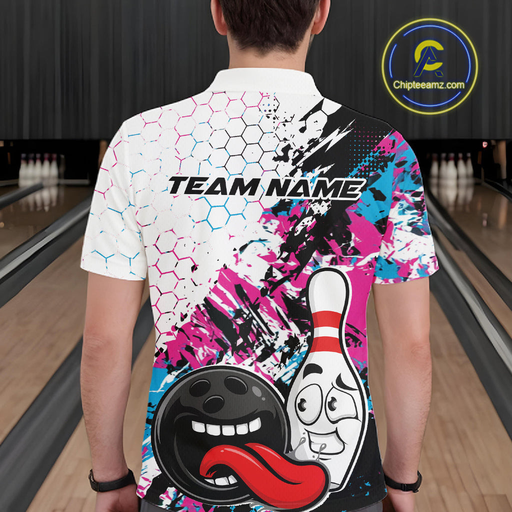 Custom Blue And Pink Funny Bowling Team Polo Shirt, Bowling Jersey Bowler Gift