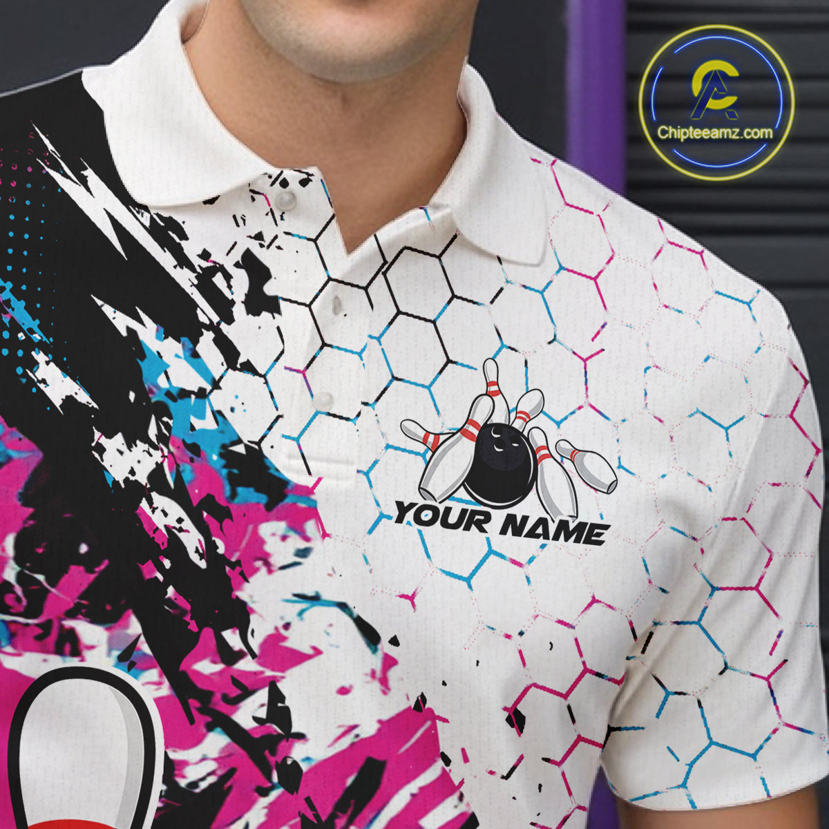 Custom Blue And Pink Funny Bowling Team Polo Shirt, Bowling Jersey Bowler Gift