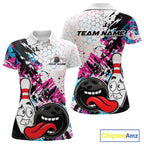 Custom Blue And Pink Funny Bowling Team Polo Shirt, Bowling Jersey Bowler Gift