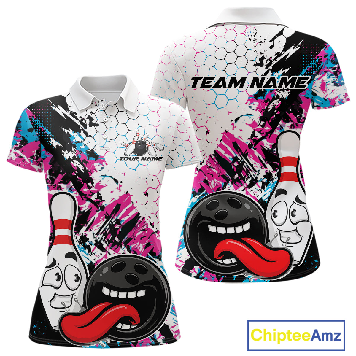 Custom Blue And Pink Funny Bowling Team Polo Shirt, Bowling Jersey Bowler Gift