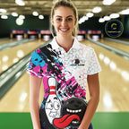 Custom Blue And Pink Funny Bowling Team Polo Shirt, Bowling Jersey Bowler Gift