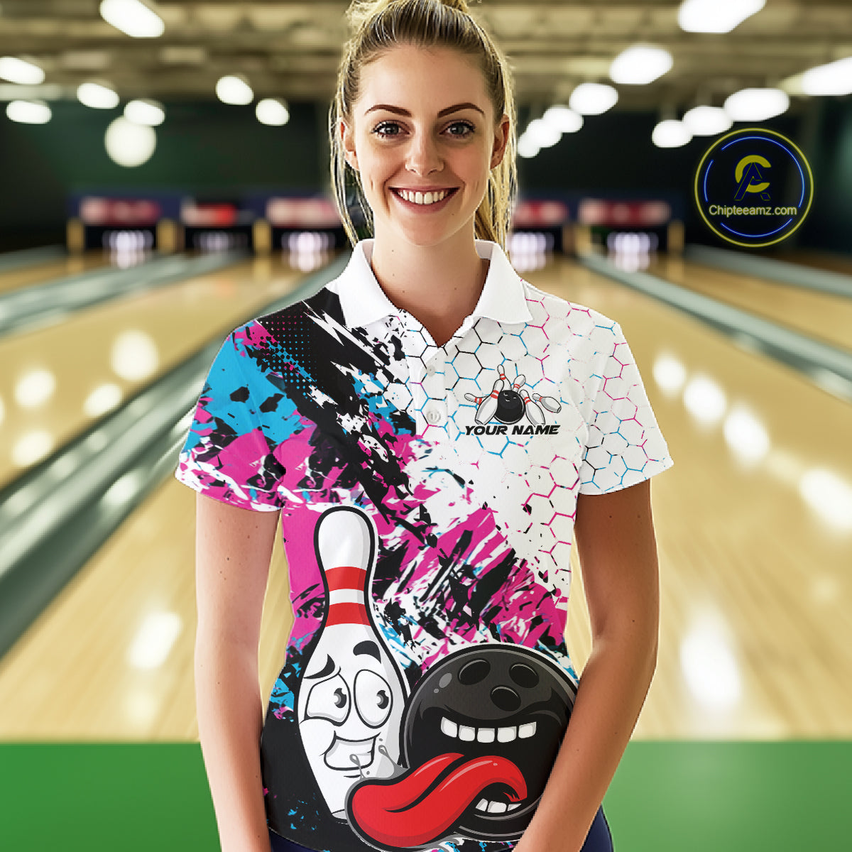 Custom Blue And Pink Funny Bowling Team Polo Shirt, Bowling Jersey Bowler Gift