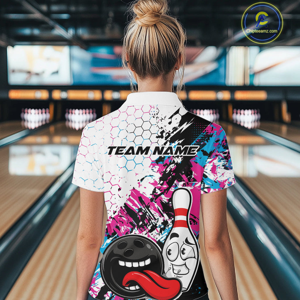 Custom Blue And Pink Funny Bowling Team Polo Shirt, Bowling Jersey Bowler Gift