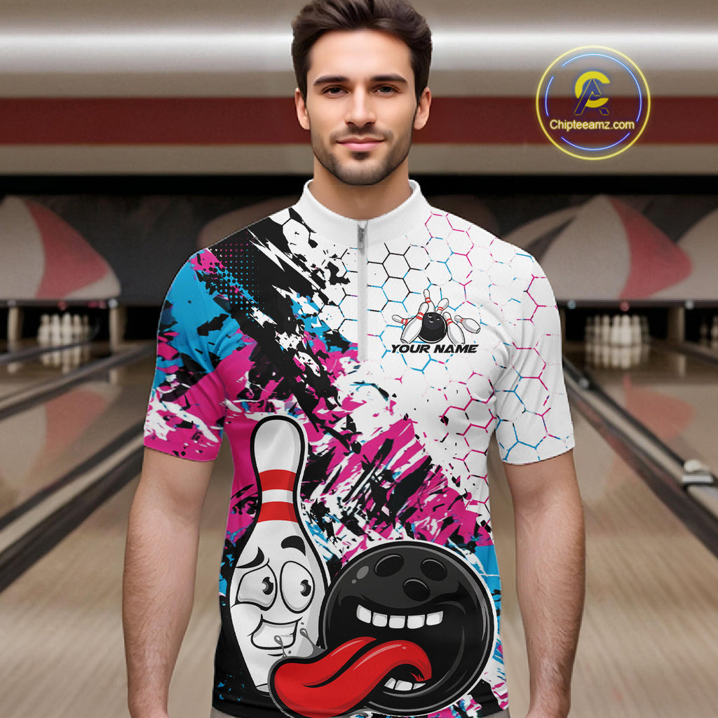 Custom Blue And Pink Funny Bowling Team Quarter Zip Shirt, Bowling Jersey Bowler Gift