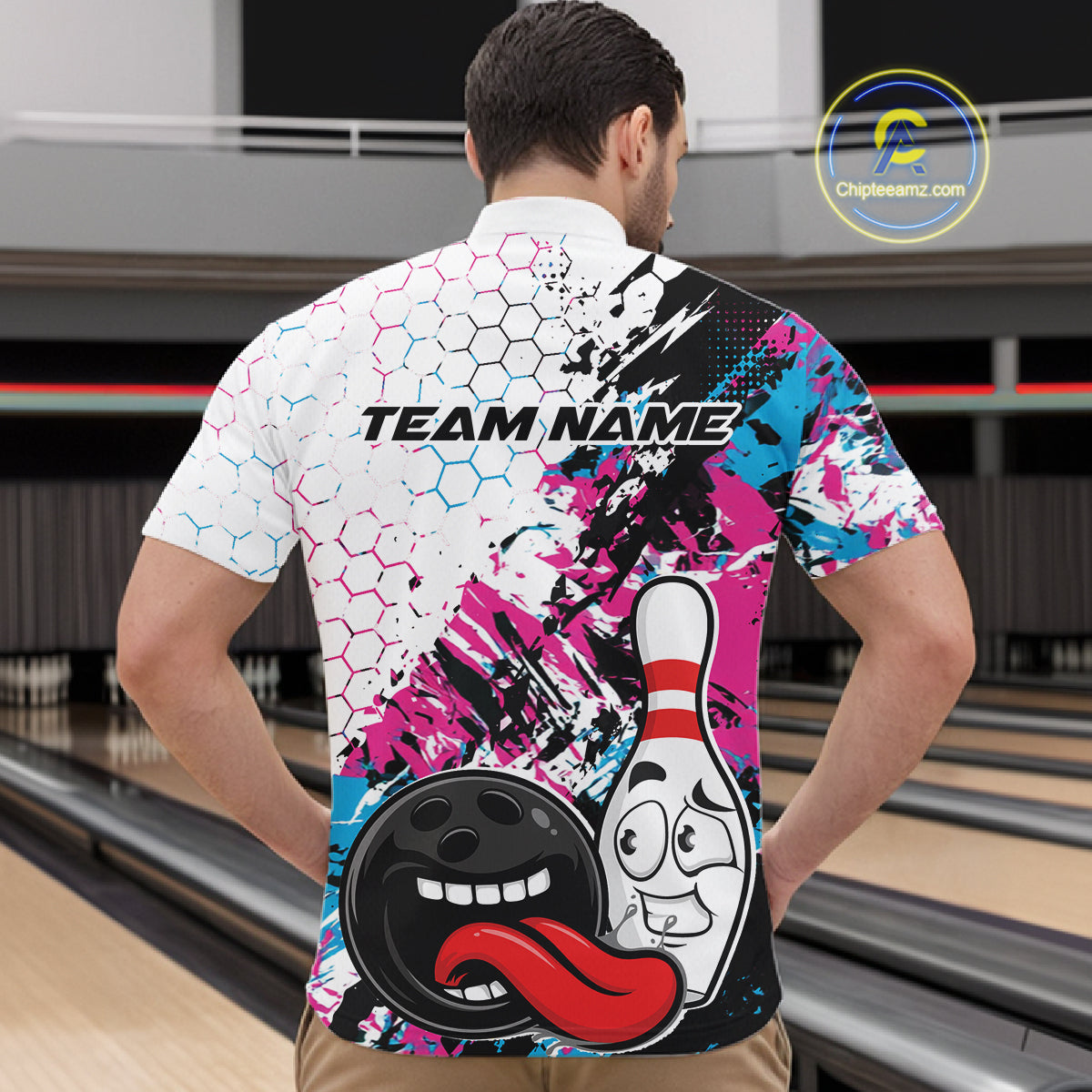 Custom Blue And Pink Funny Bowling Team Quarter Zip Shirt, Bowling Jersey Bowler Gift