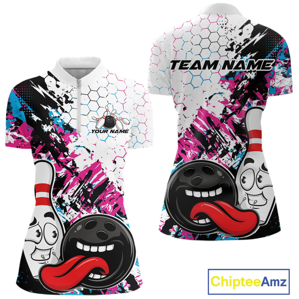 Custom Blue And Pink Funny Bowling Team Quarter-Zip Shirt, Bowling Jersey