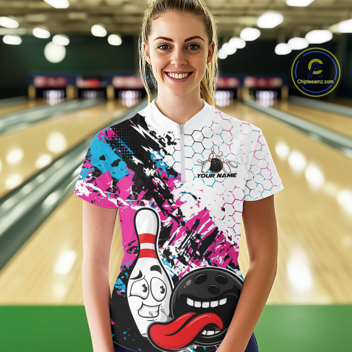Custom Blue And Pink Funny Bowling Team Quarter-Zip Shirt, Bowling Jersey
