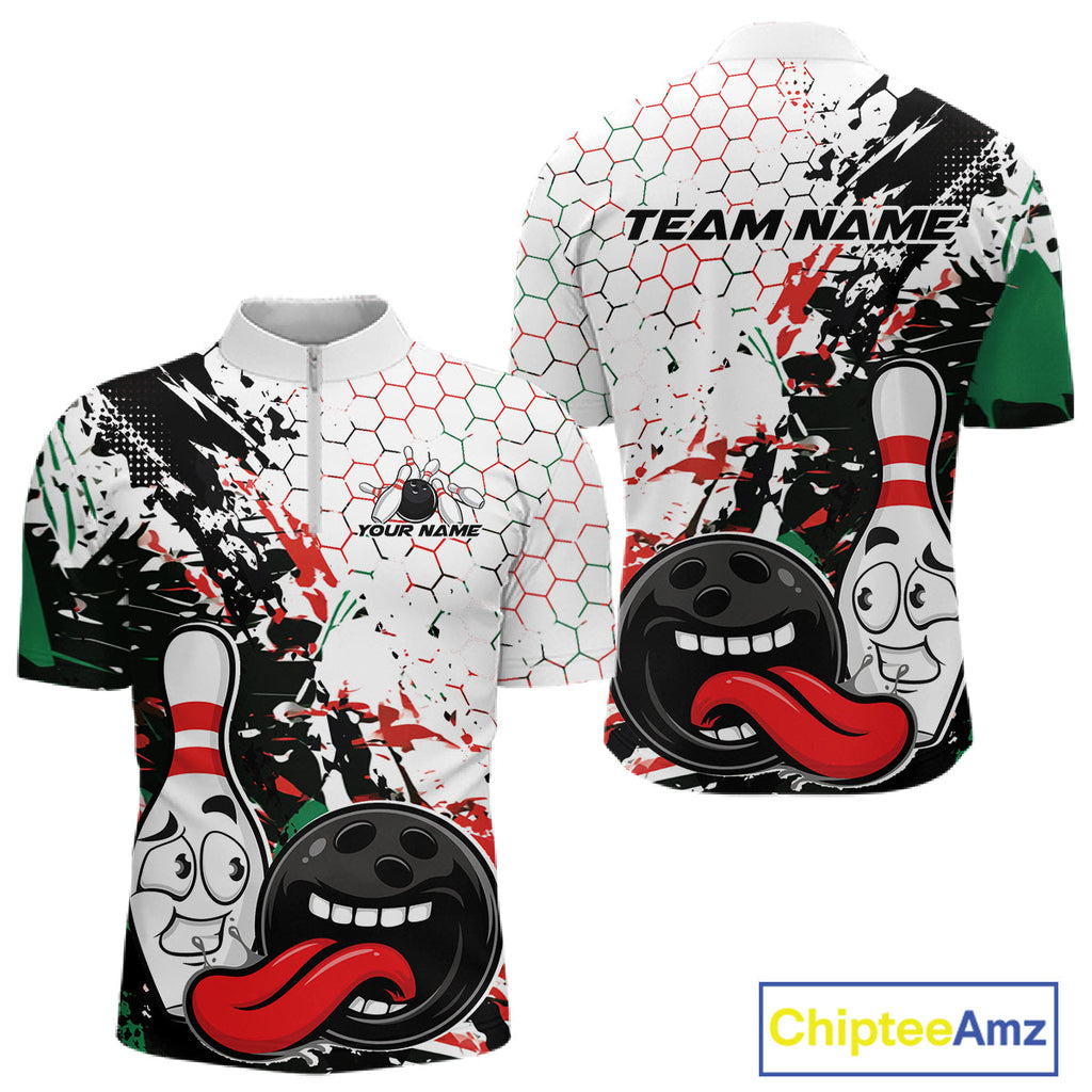 Custom Black, Red And Green Funny Bowling Quarter Zip Shirt, Bowling Jersey Bowler Gift