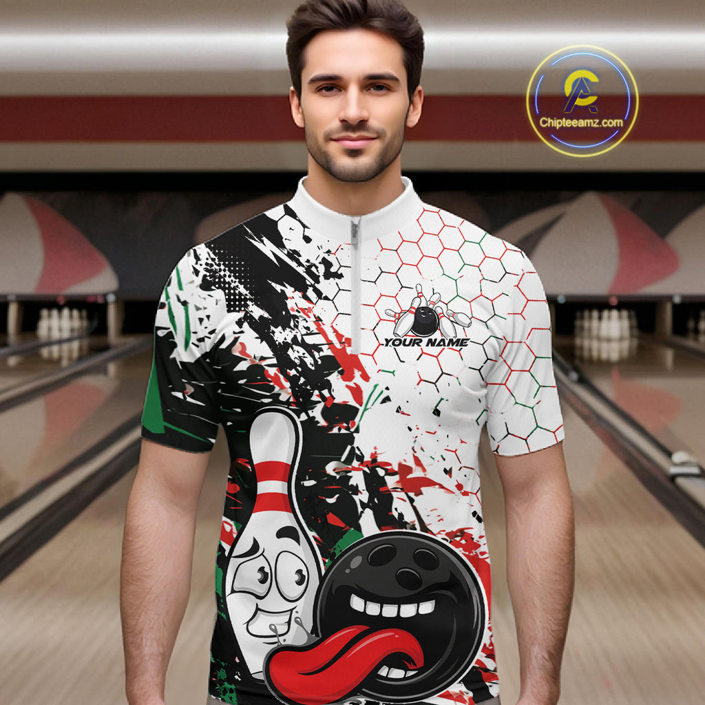 Custom Black, Red And Green Funny Bowling Quarter Zip Shirt, Bowling Jersey Bowler Gift