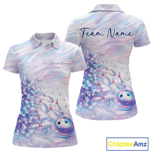 Custom Hologram Butterfly Bowling Polo Shirts, Galaxy Bowling Team Jerseys