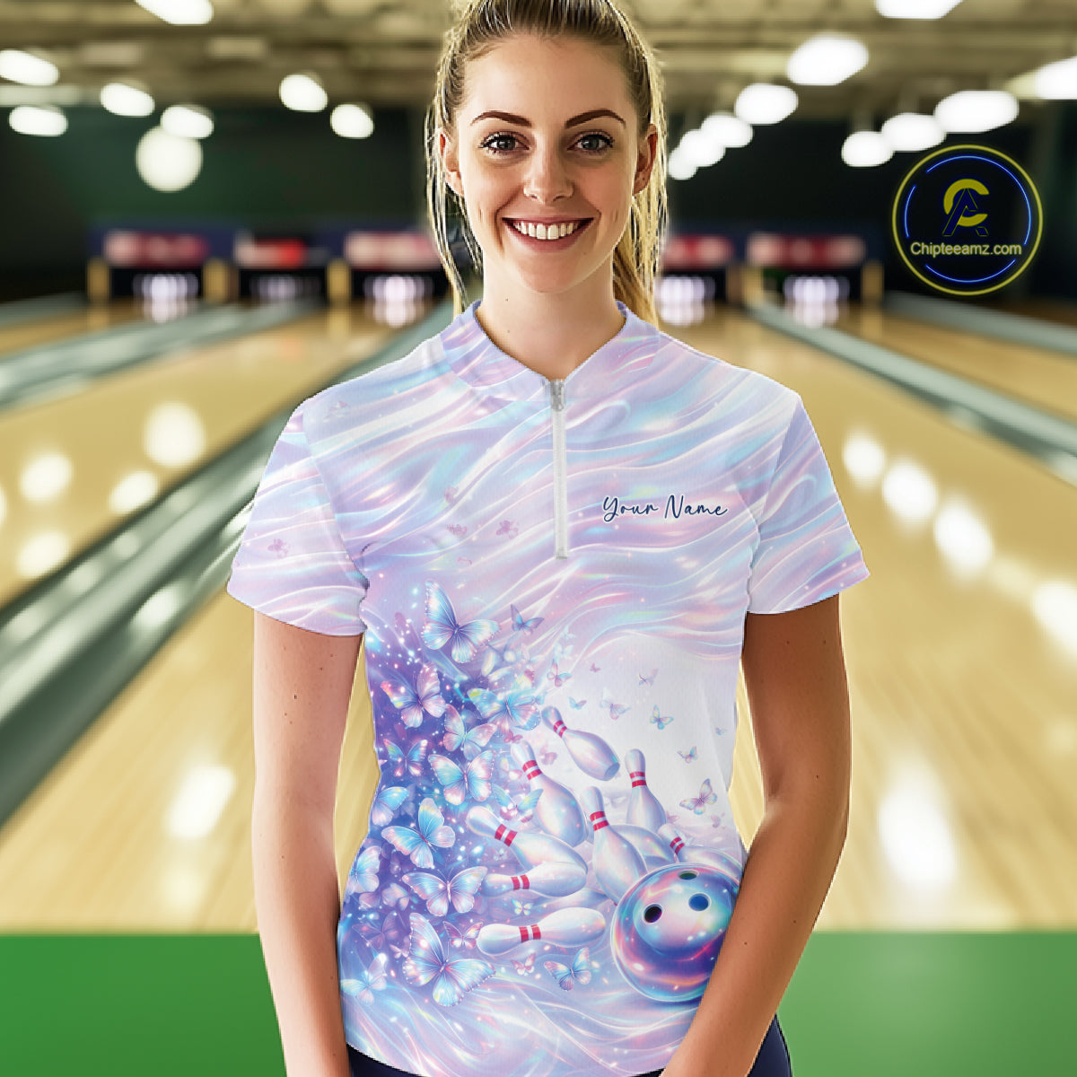 Custom Hologram Butterfly Bowling Quarter-Zip Shirts, Galaxy Bowling Jersey