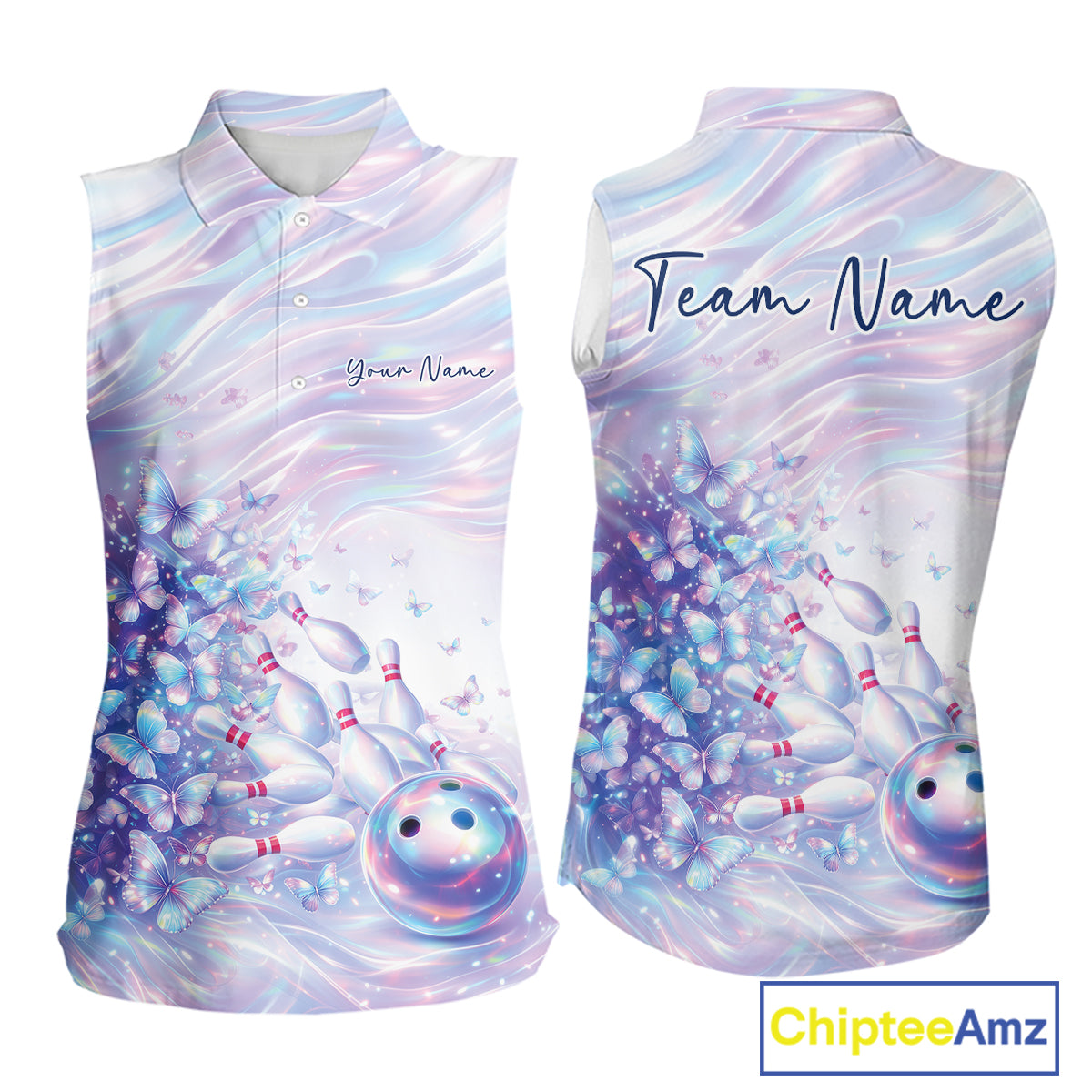 Custom Hologram Butterfly Bowling Sleeveless Polo Shirts, Galaxy Bowling Team Jersey