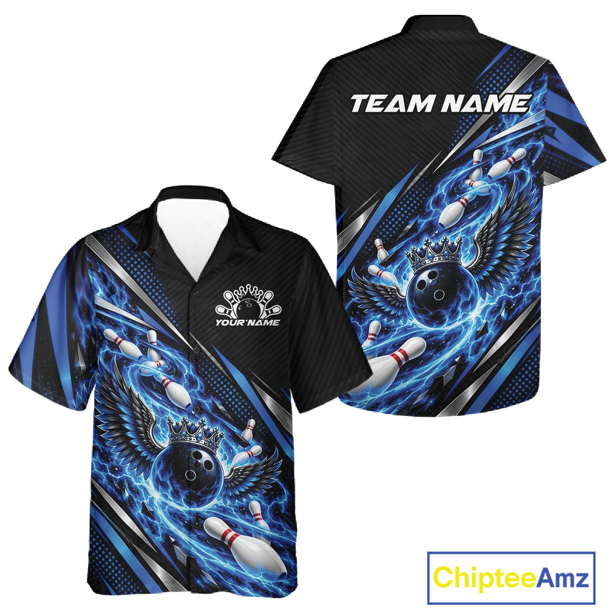 Custom Blue Flame Bowling And Button Up Shirt, Crown Bowling Ball With Wings Bowling Jersey