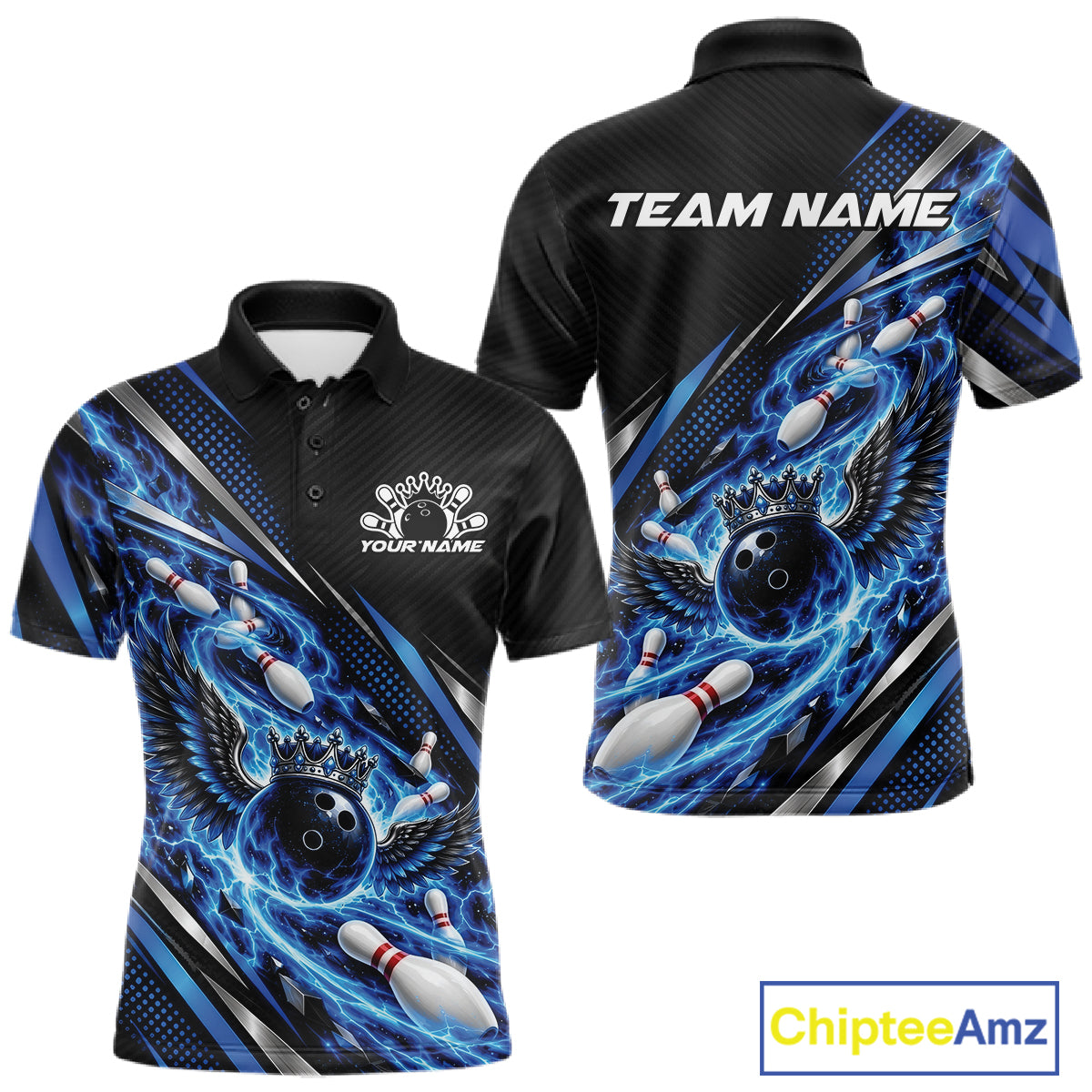 Custom Blue Flame Bowling Polo Shirt, Crown Bowling Ball With Wings Bowling Jersey