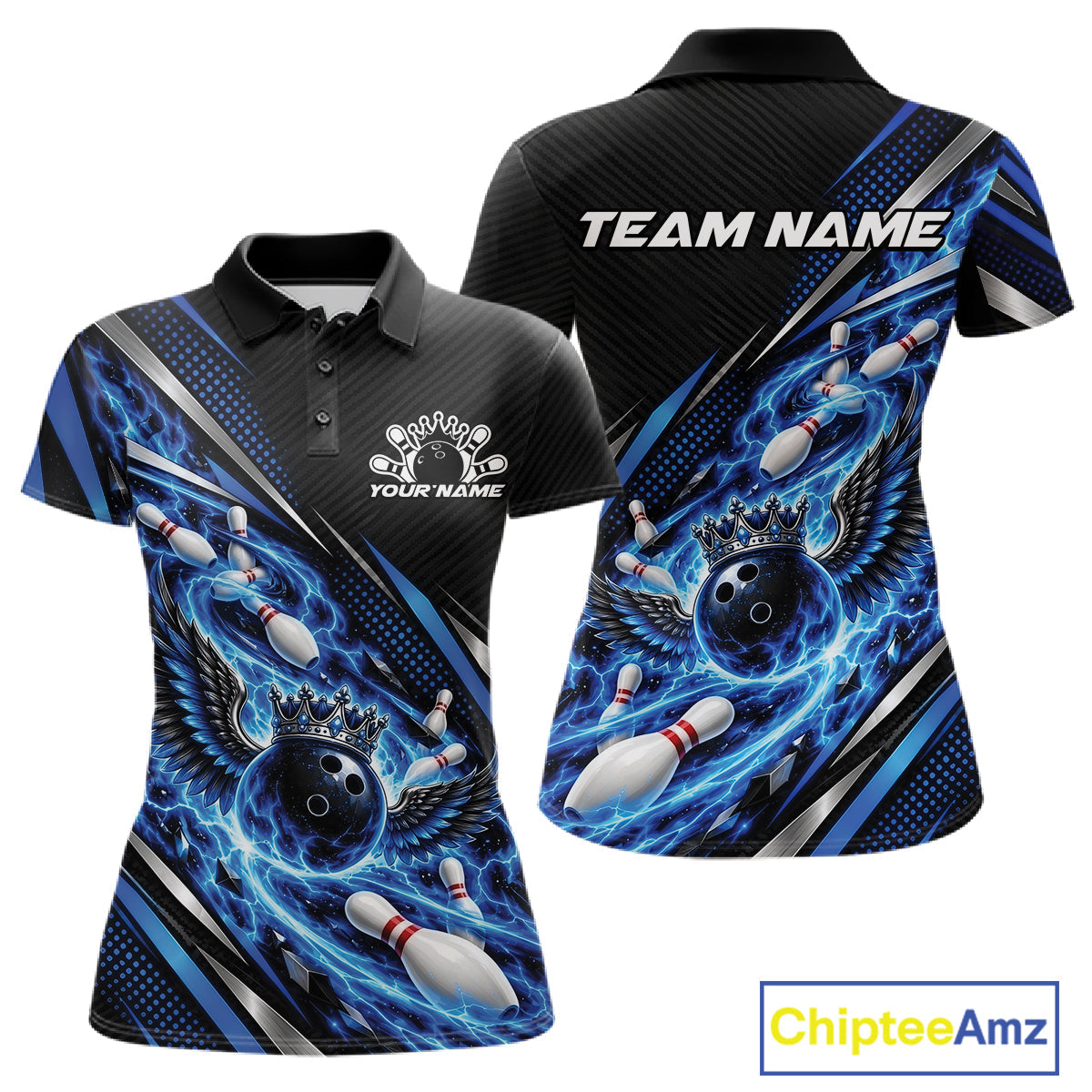 Custom Blue Flame Bowling Polo Shirt, Crown Bowling Ball With Wings Bowling Jersey
