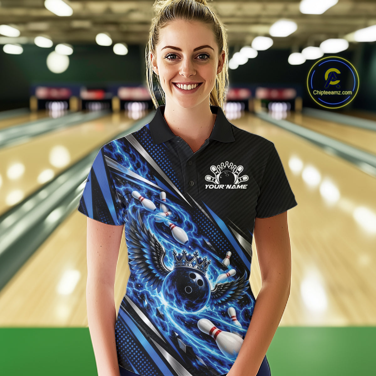 Custom Blue Flame Bowling Polo Shirt, Crown Bowling Ball With Wings Bowling Jersey